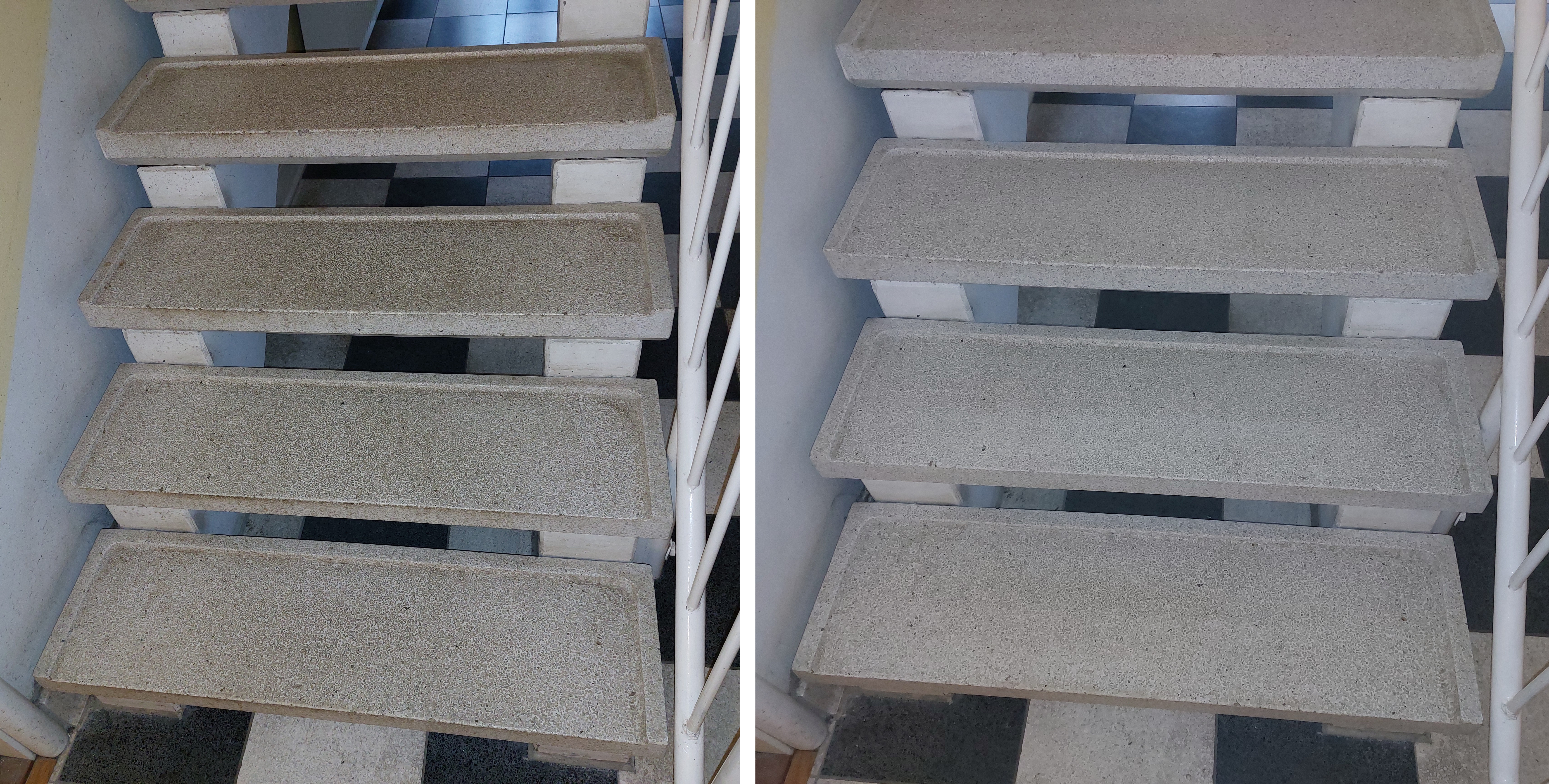 Før og efterbillede af en opskurring af en trappe